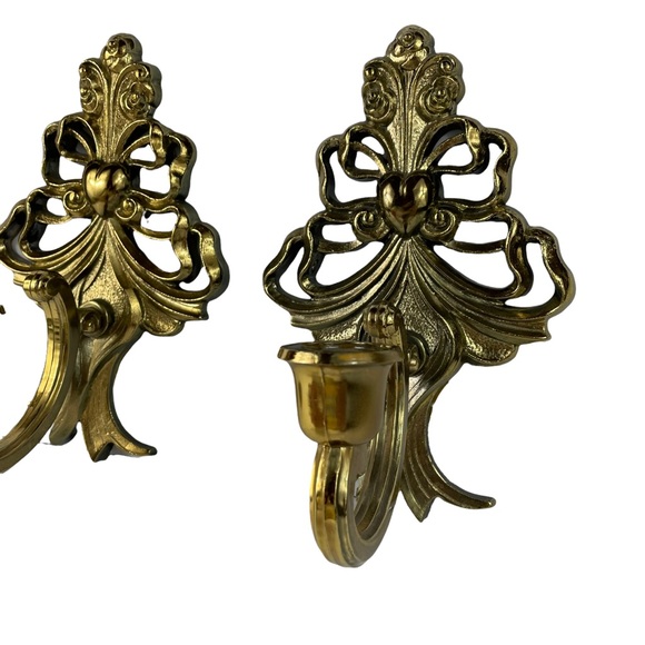 MCM Gold Filagree Wall-Mount Candle Holders Heart Decor Very Clean 8” Tall Homco - Picture 9 of 15